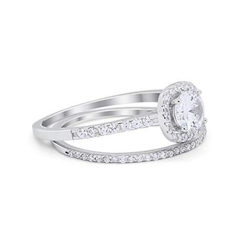 Two Piece Wedding Ring Halo Bridal Simulated Cubic Zirconia 925 Sterling Silver